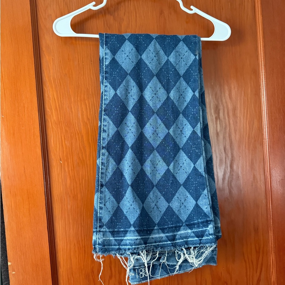 Blue Argyle Patterned Low-Rise Pants